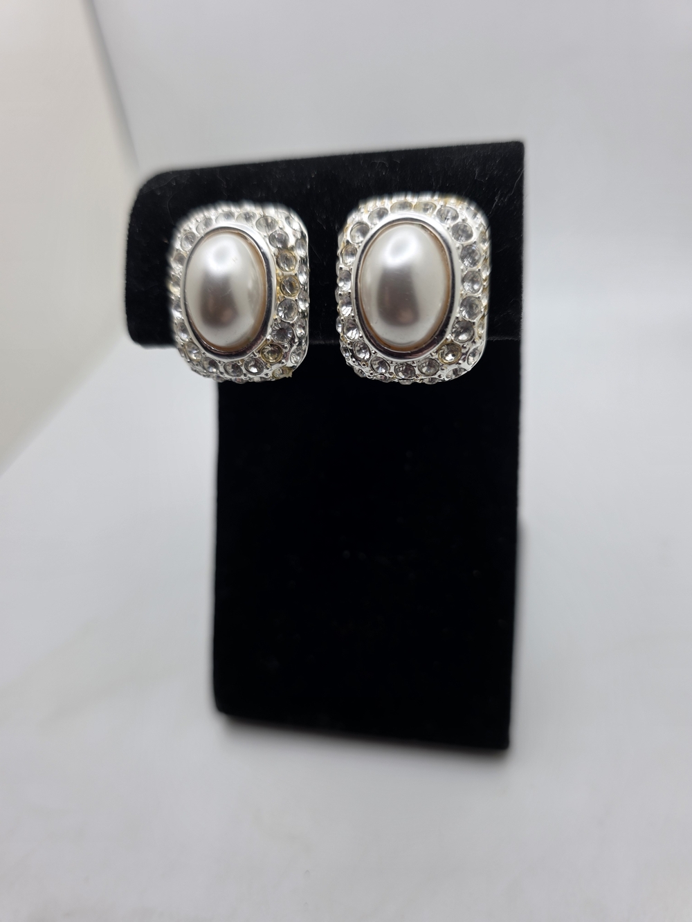 Silver Pearl and Crystal Square Clip-On Earrings